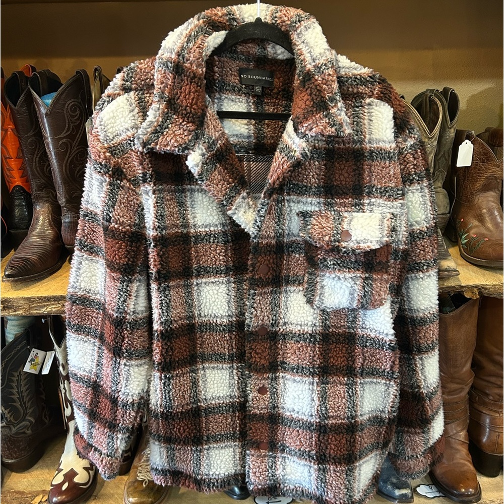 No Boundaries teddy coat, size L, plaid